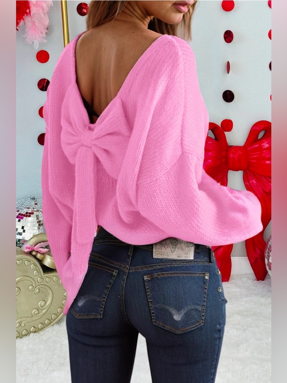 Backless Bubble Sleeve Back Bow Sweater
